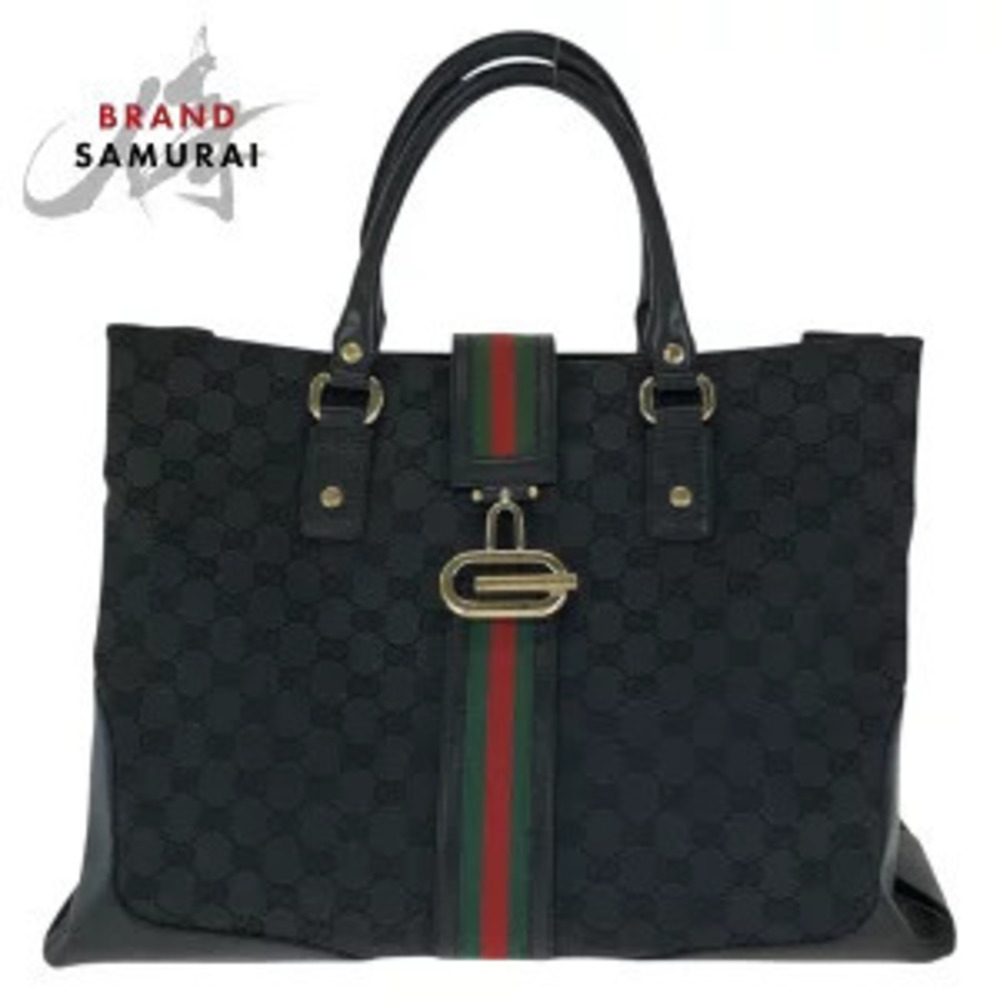 Gucci Sherry Tote Bag Black GG Canvas Leather